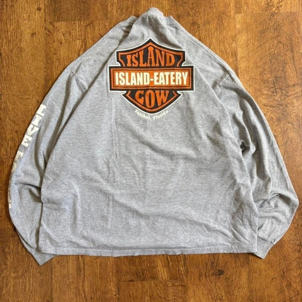 Faded grey Harley INSPIRED Island Cow Island Eatery long sleeve. Item 405